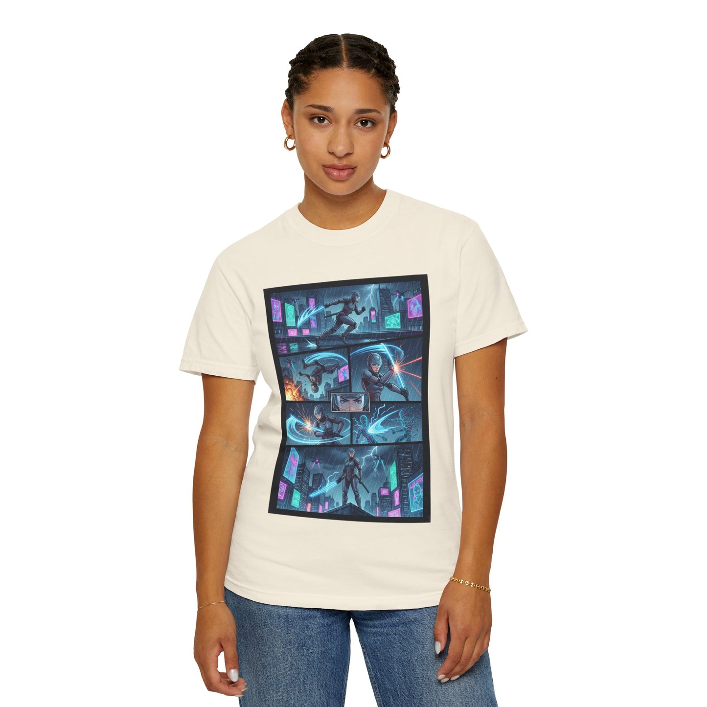 Cyberpunk Girl Samurai T-Shirt — Neon Manga Panel Graphic Tee