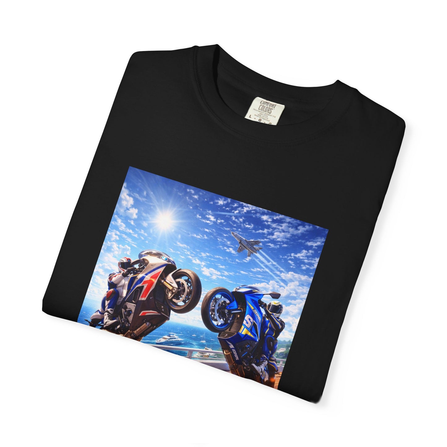 Stunt Riders Motorcycle T-Shirt — Two Bike Wheelie Racing Graphic Tee