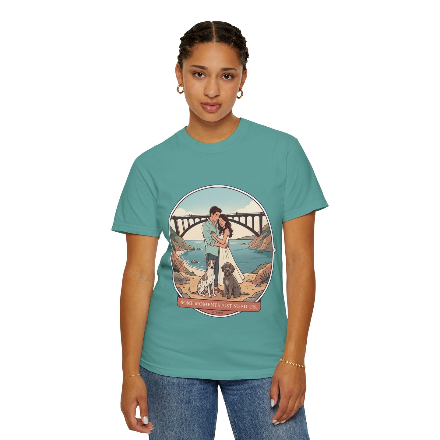 T-Shirt — Romantic Coastal Couples Tee “Some Moments Are Forever” with Dogs