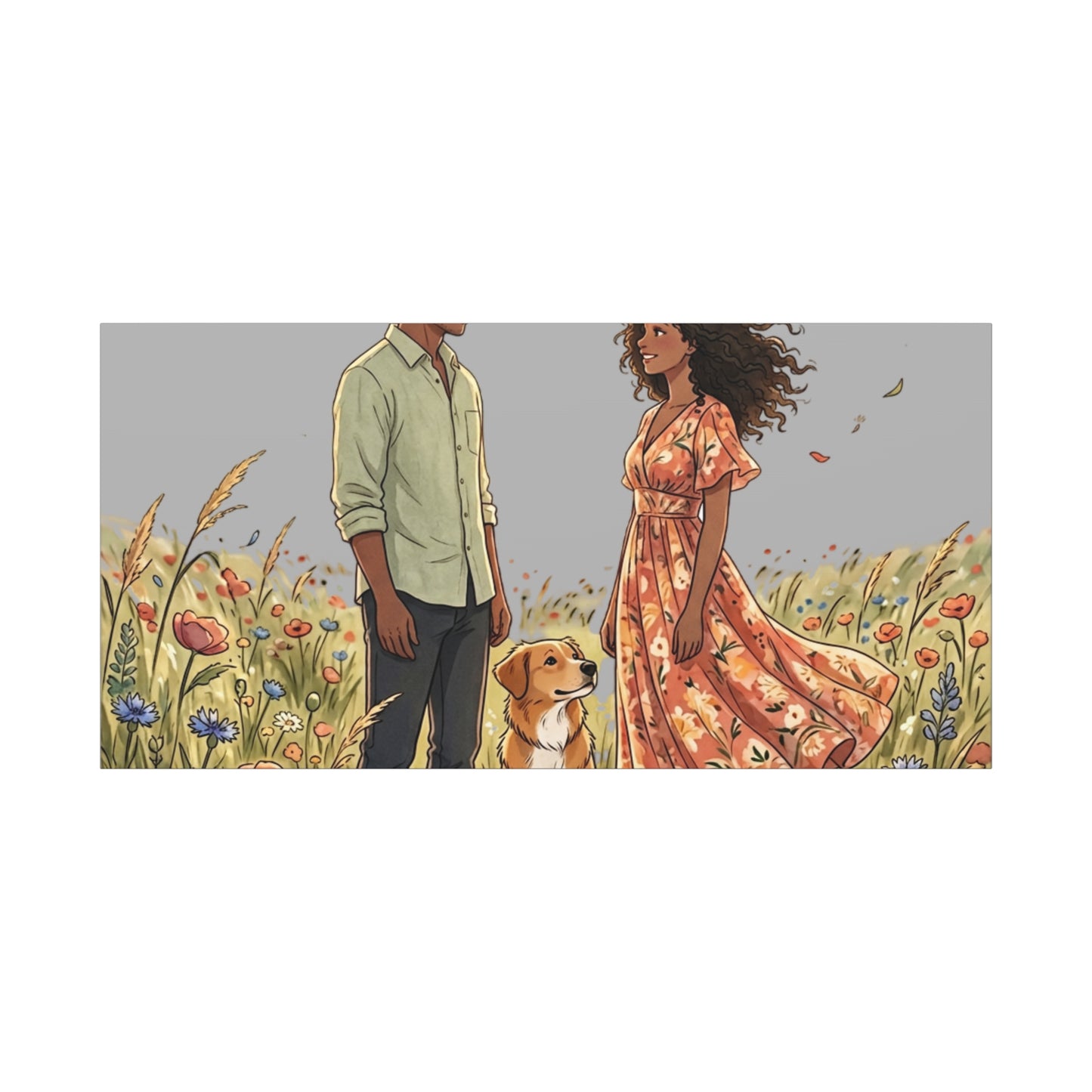 Romantic Couple in Wildflower Field Canvas Art — Black Love Wall Decor with Dog