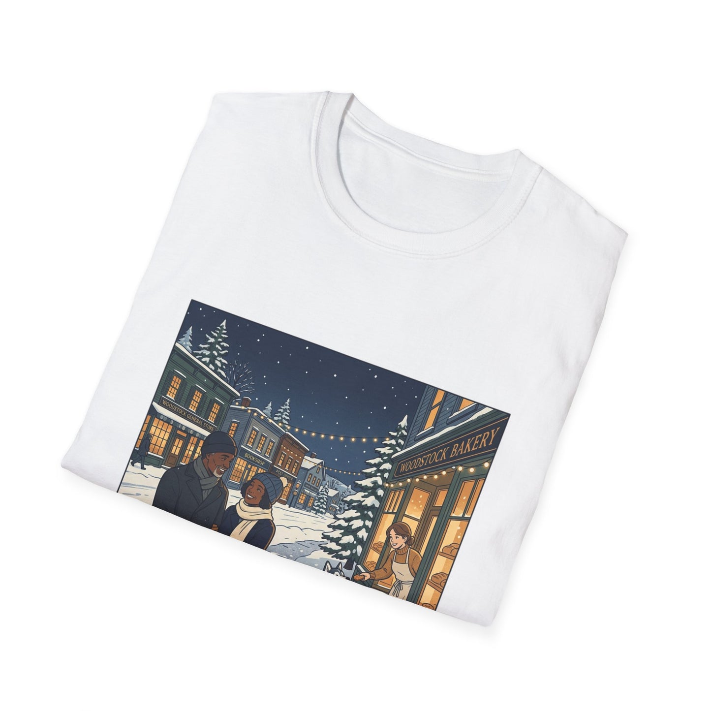 Winter String Lights Stroll T-Shirt — Cozy Holiday Street Scene Graphic Tee