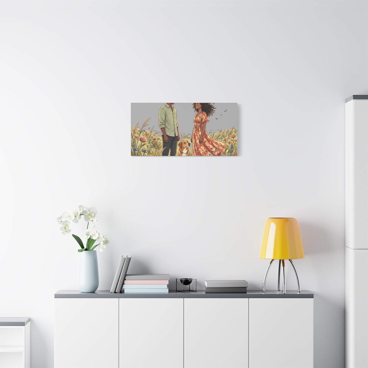 Romantic Couple in Wildflower Field Canvas Art — Black Love Wall Decor with Dog