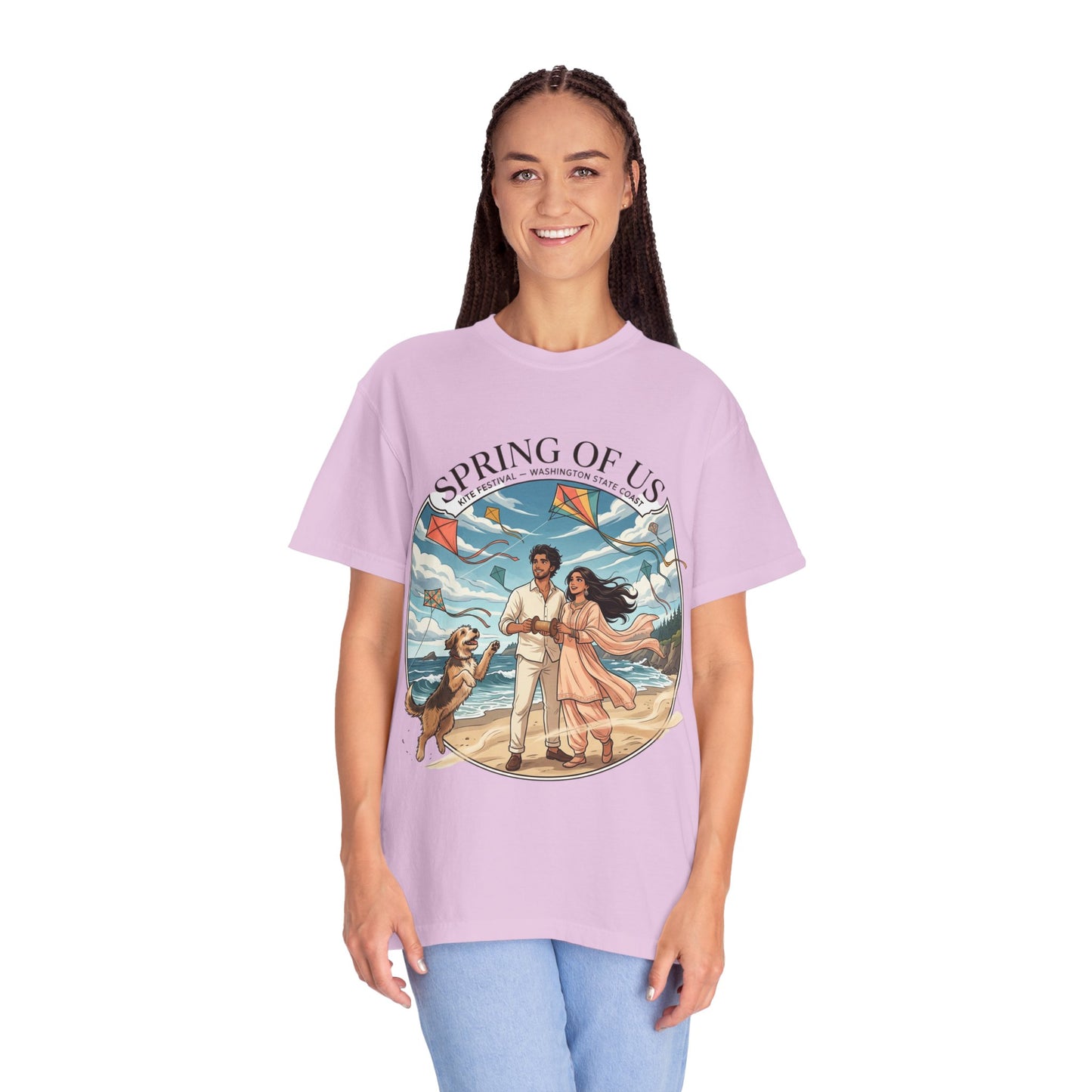 Spring of Us T-Shirt — Romantic Beach Couple Illustration with Dog