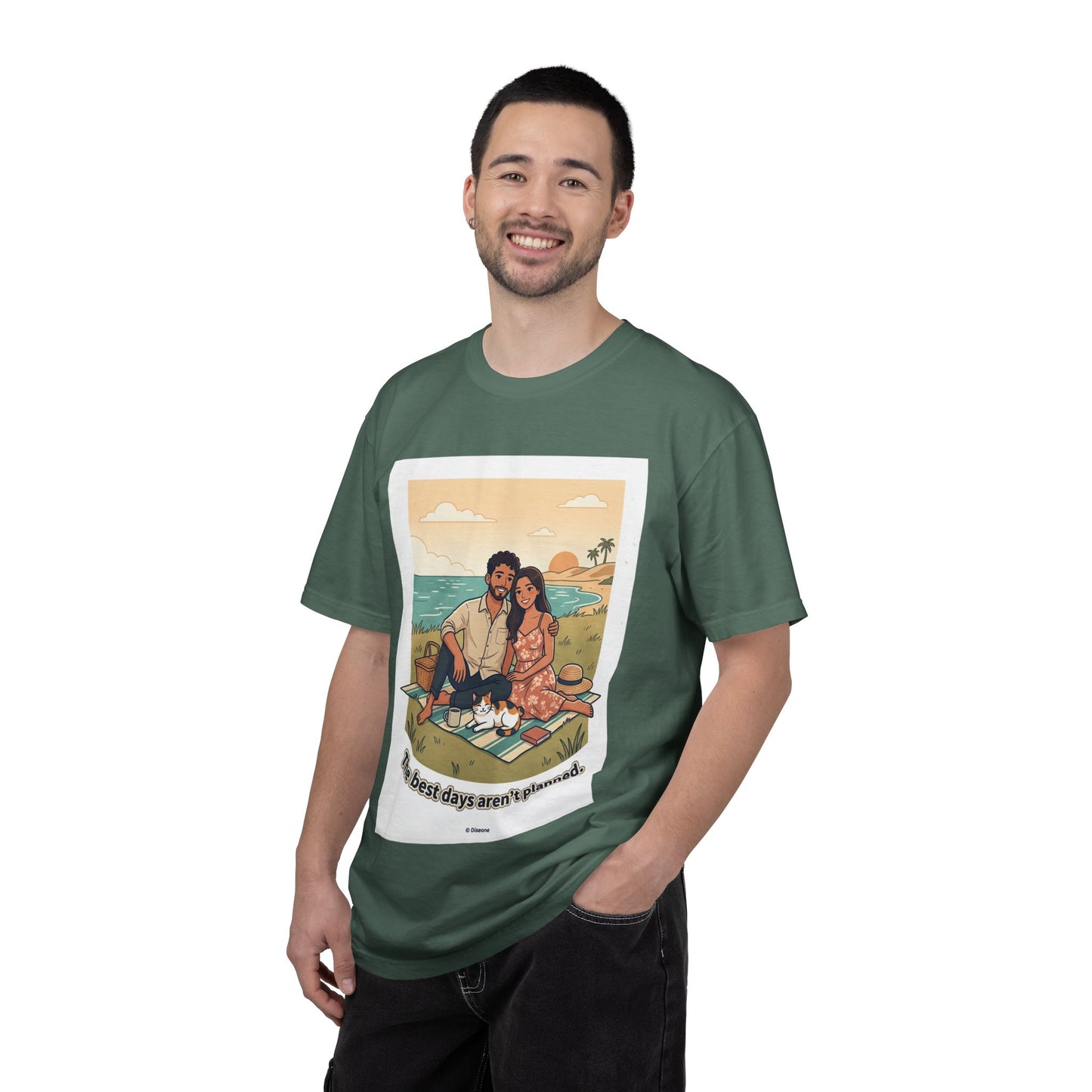 Beach Picnic Couple T‑Shirt — “The best days aren’t planned.” Relaxed Vacation Tee