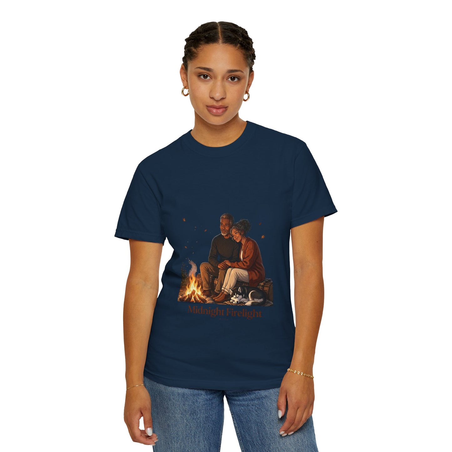 Midnight Firelight T-Shirt — Cozy Couple Campfire Graphic Tee