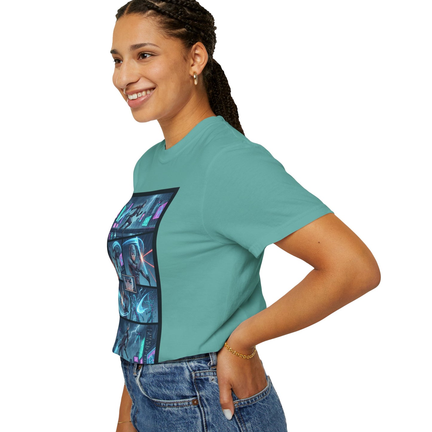 Cyberpunk Girl Samurai T-Shirt — Neon Manga Panel Graphic Tee