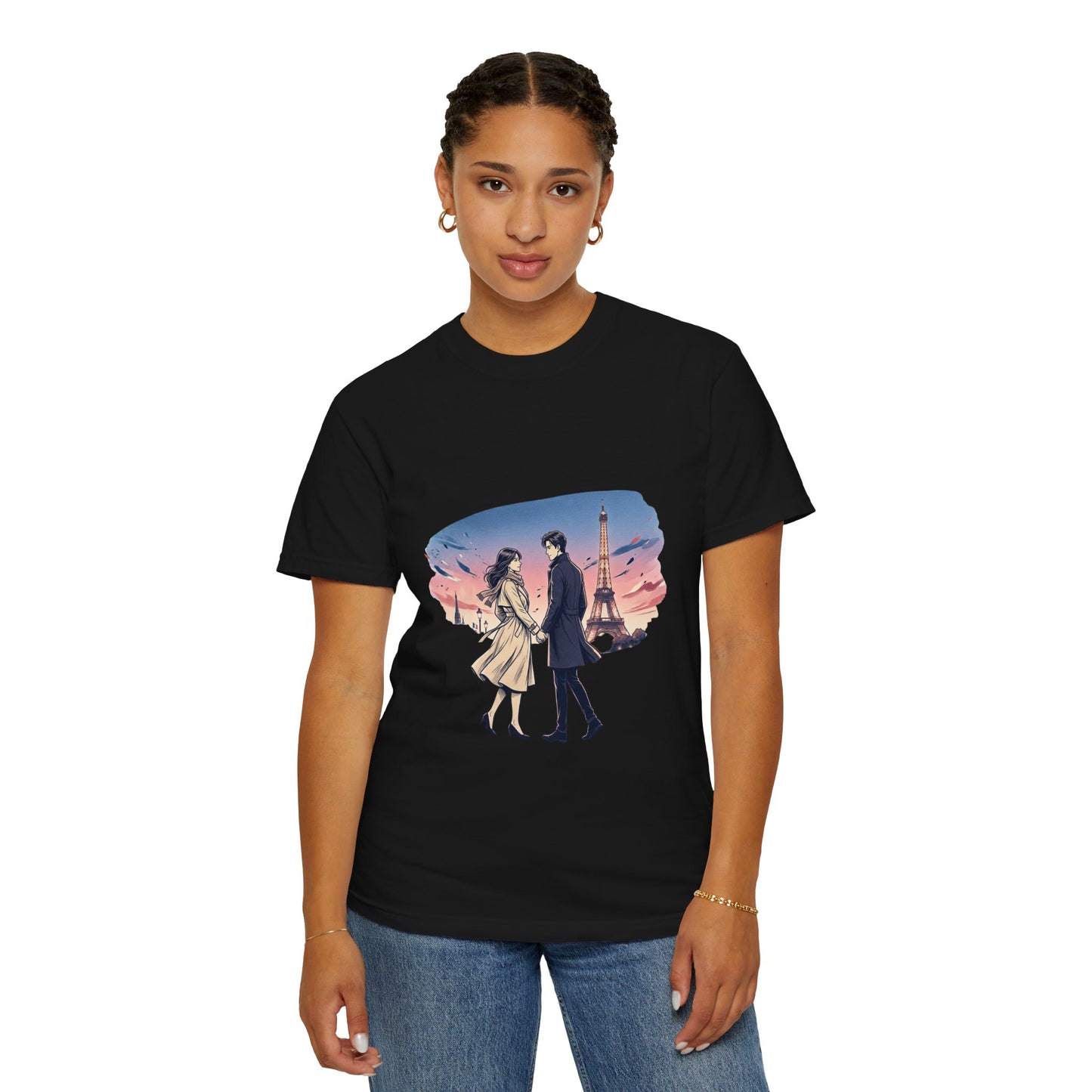 Paris Sunset Romance T-Shirt — Couple Walking by Eiffel Tower Graphic Tee