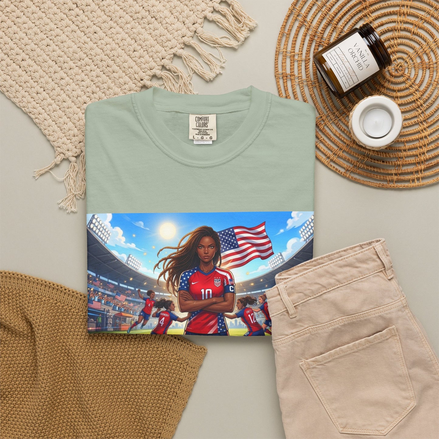 Soccer Mom USA T-Shirt — Female Soccer Player with American Flag Stadium Graphic