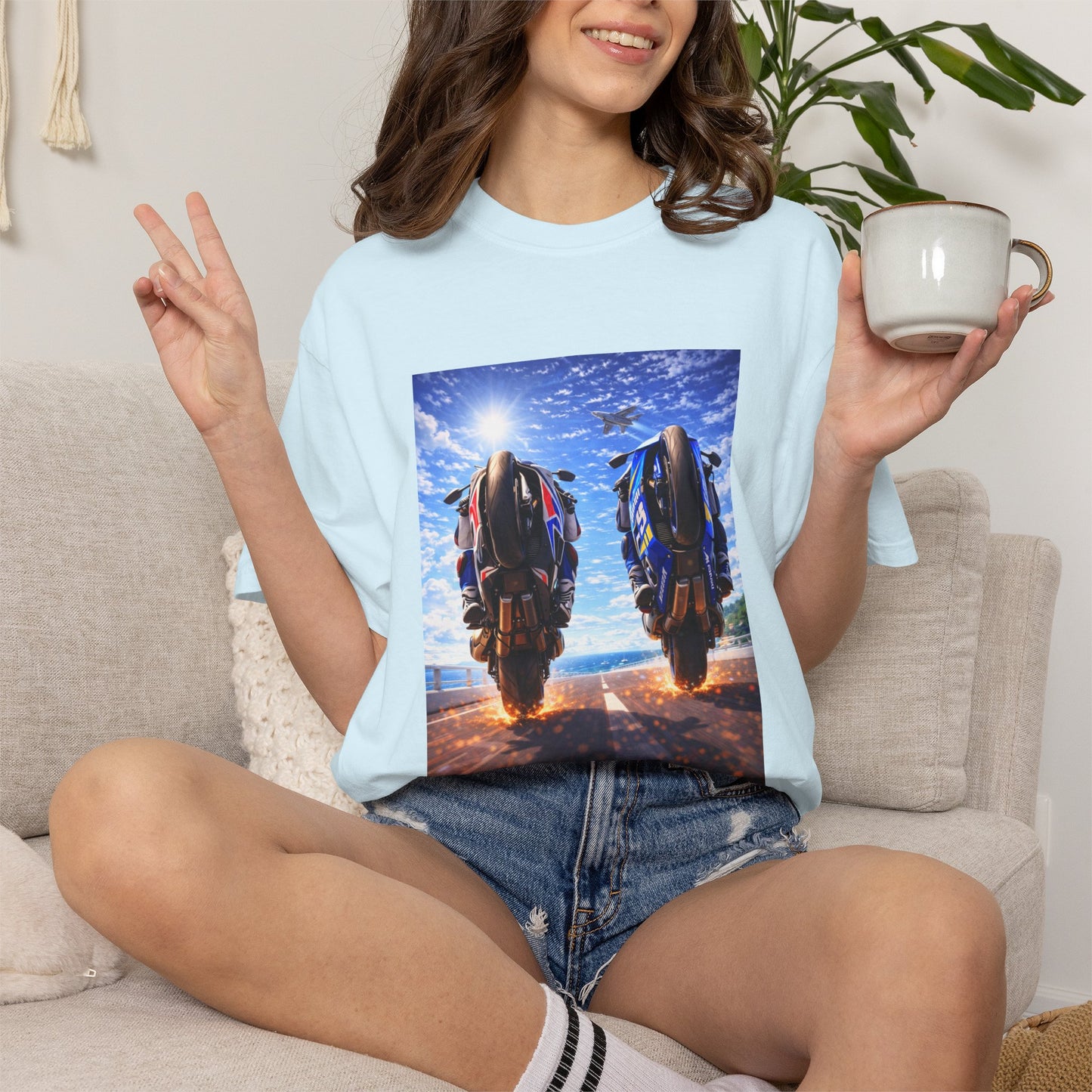 Motorcycle Sunset T-Shirt — Two Bikes Riding Into the Horizon