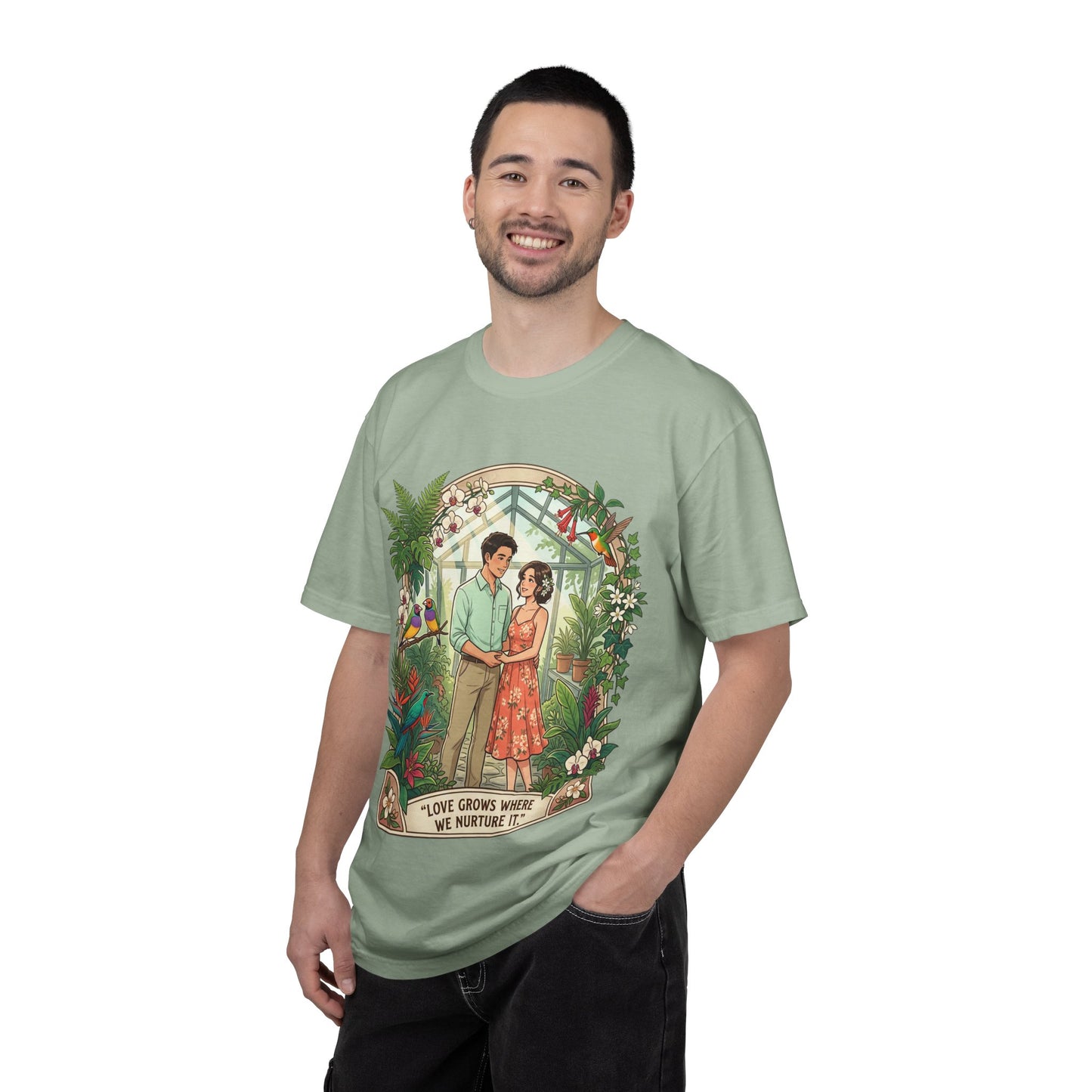 Romantic Greenhouse Couples T-Shirt — “Love Grows Where We Nurture It”