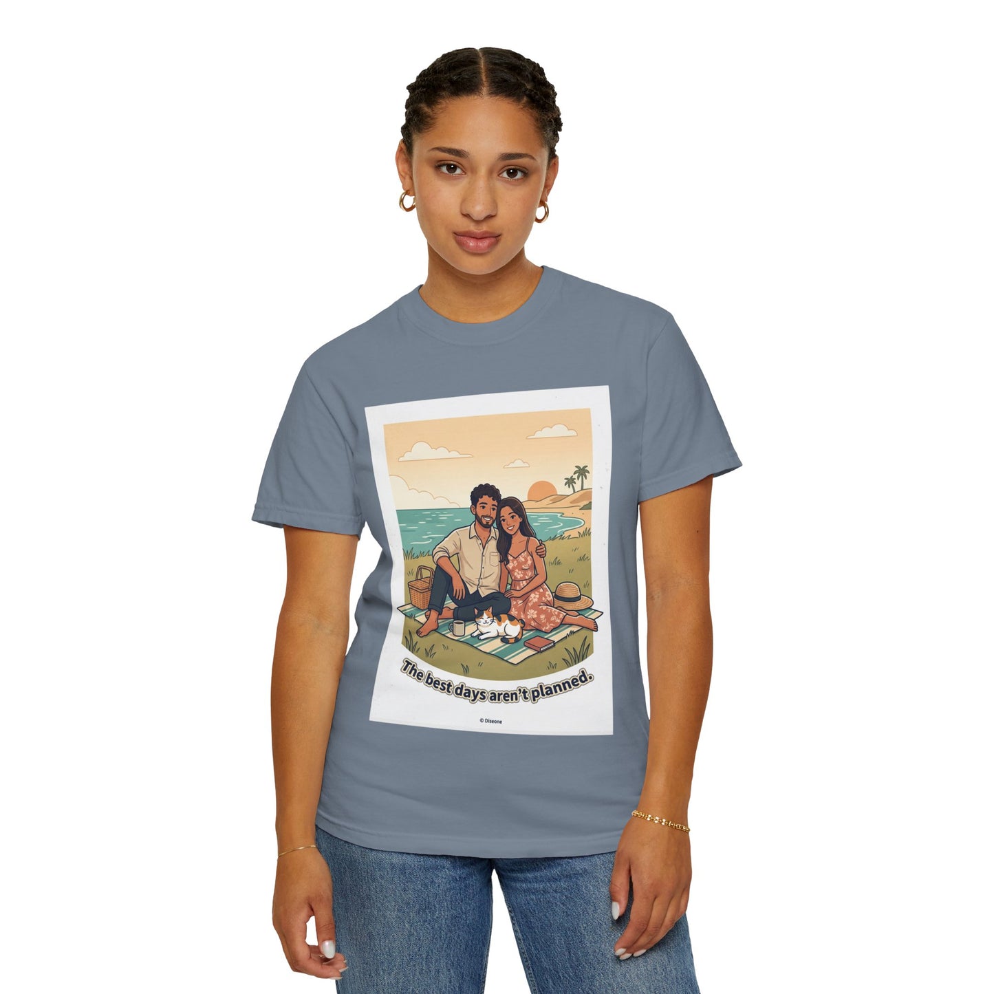 Beach Picnic Couple T‑Shirt — “The best days aren’t planned.” Relaxed Vacation Tee