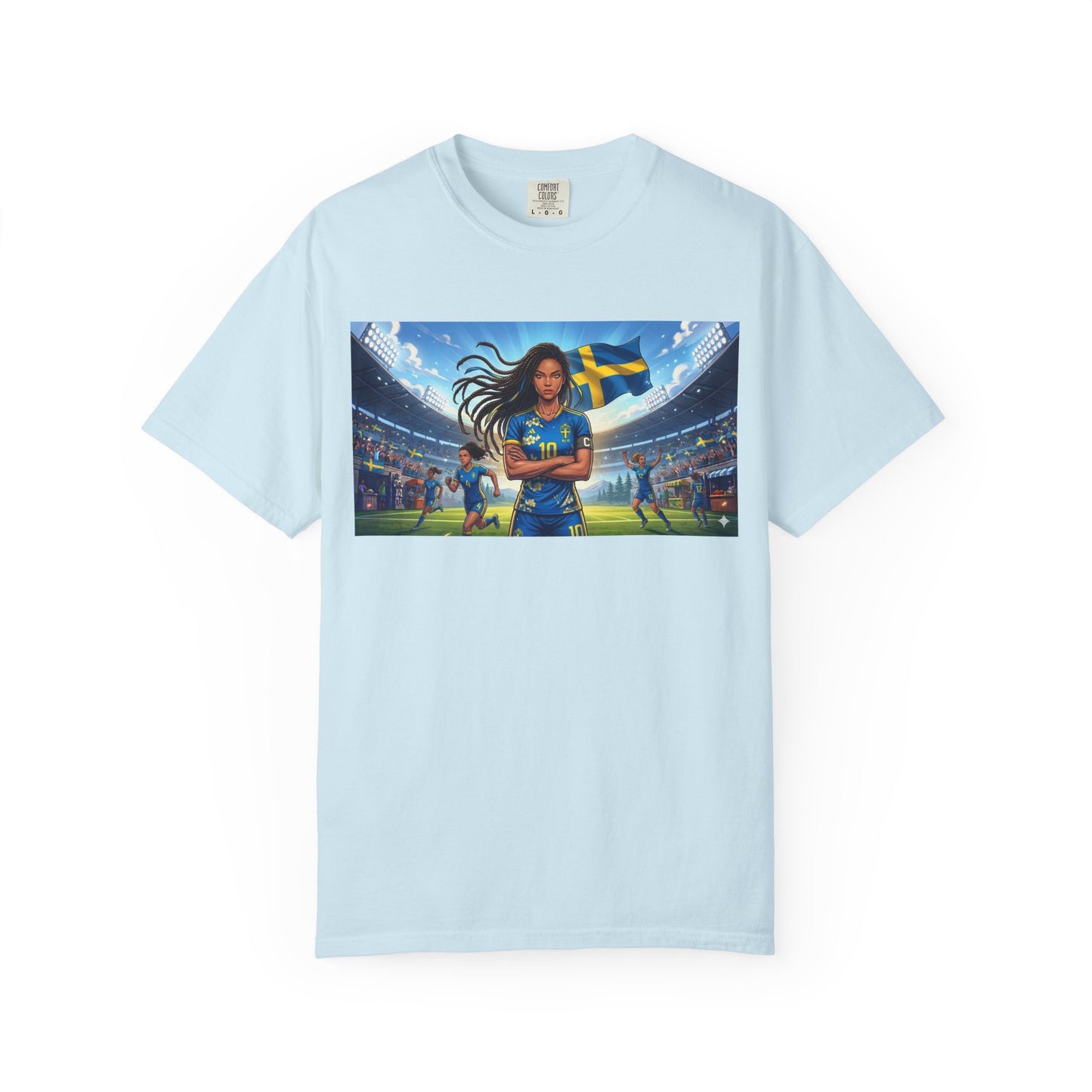 Swedish Soccer Pride T-Shirt — Female Footballer with Flag Stadium Design