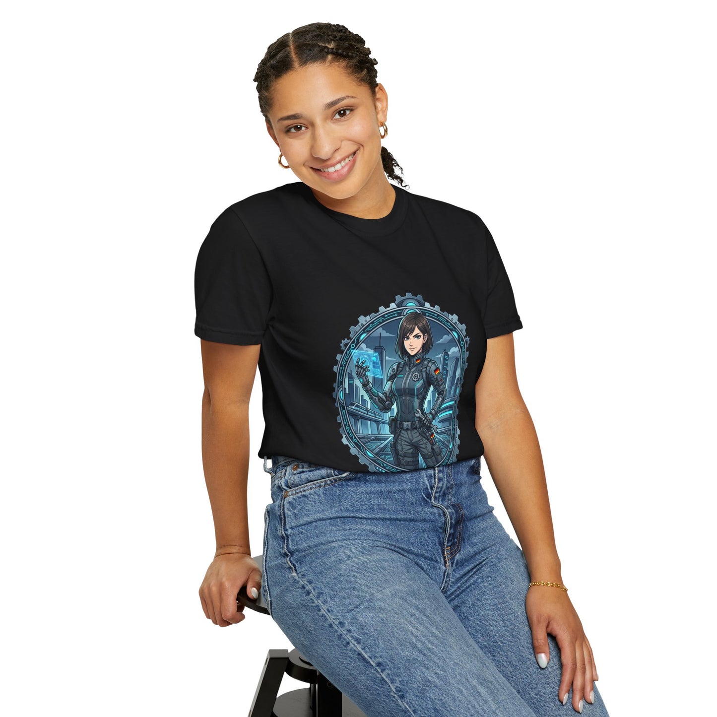 Cyber Ninja Graphic T-Shirt — Futuristic Female Warrior Illustration