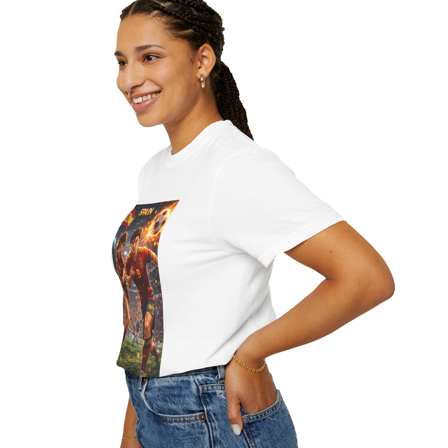 Spain Soccer Graphic T-Shirt — Retro Match Scene with Flag
