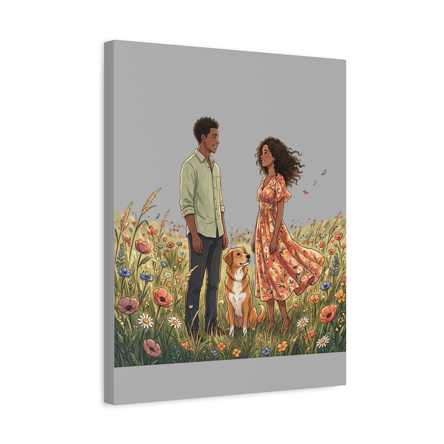 Romantic Couple in Wildflower Field Canvas Art — Black Love Wall Decor with Dog