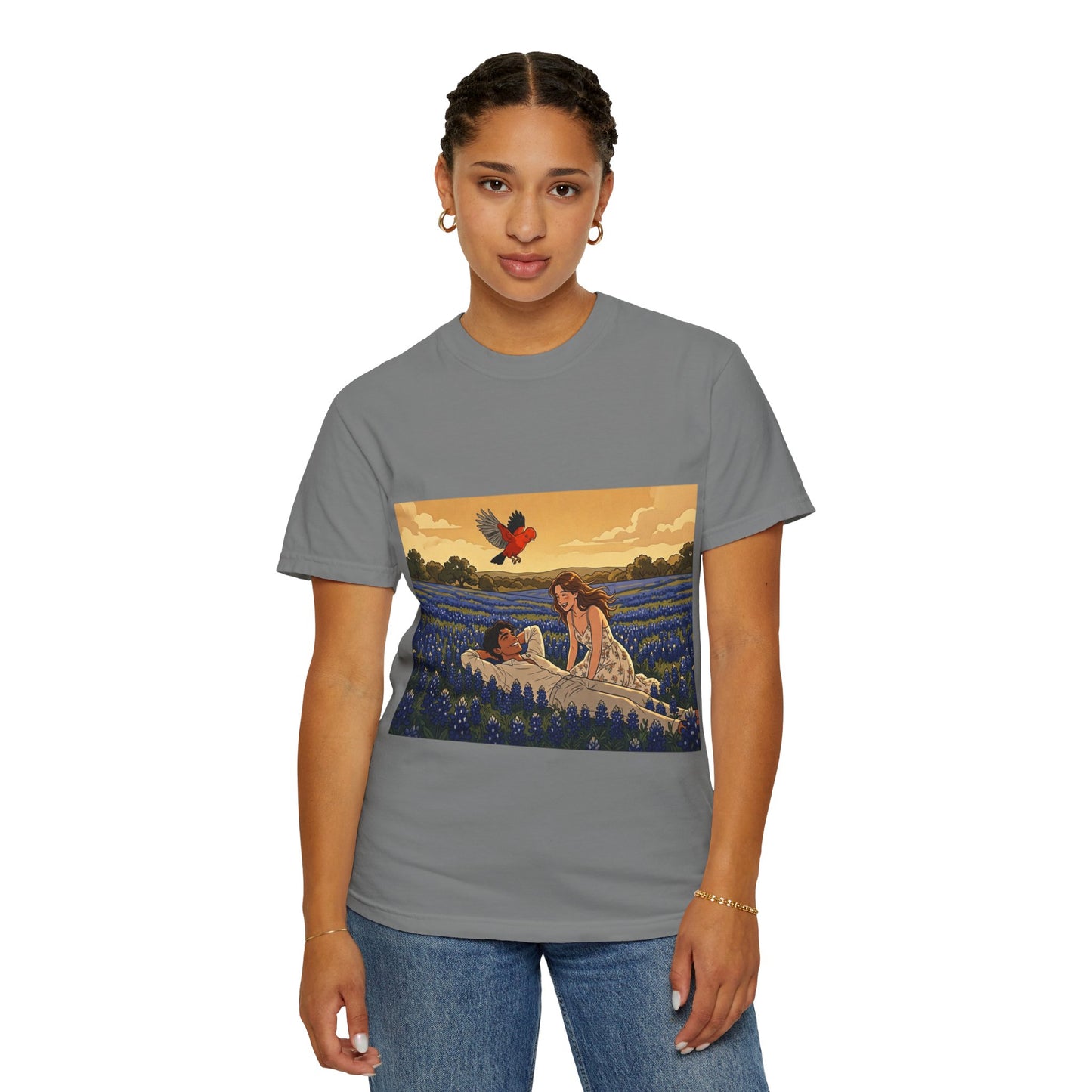 Romantic Bluebonnet Field T-Shirt — Couple in Wildflower Meadow Art Tee