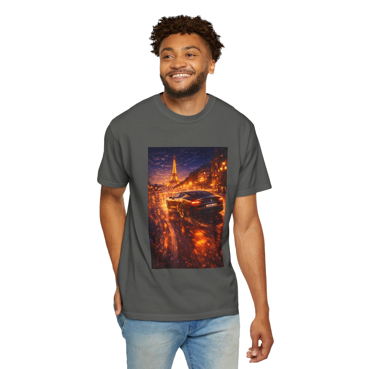 Paris Night Drive T-Shirt — Sports Car in Rainy Cityscape