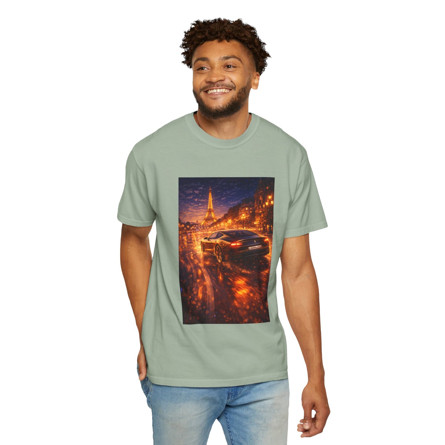 Paris Night Drive T-Shirt — Sports Car in Rainy Cityscape