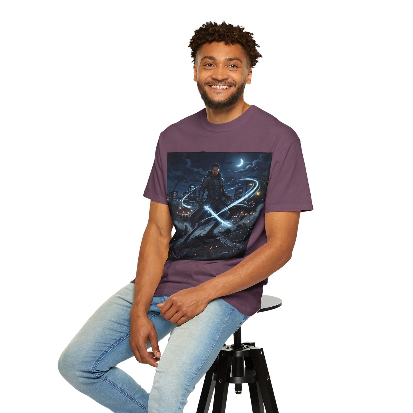 Urban Night Warrior T-Shirt — Neon Samurai Cityscape