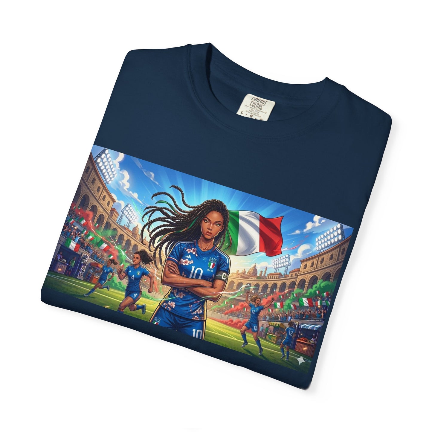 Italian Soccer Fan T‑Shirt – Inspirational Female Player with Italy Flag Stadium Print