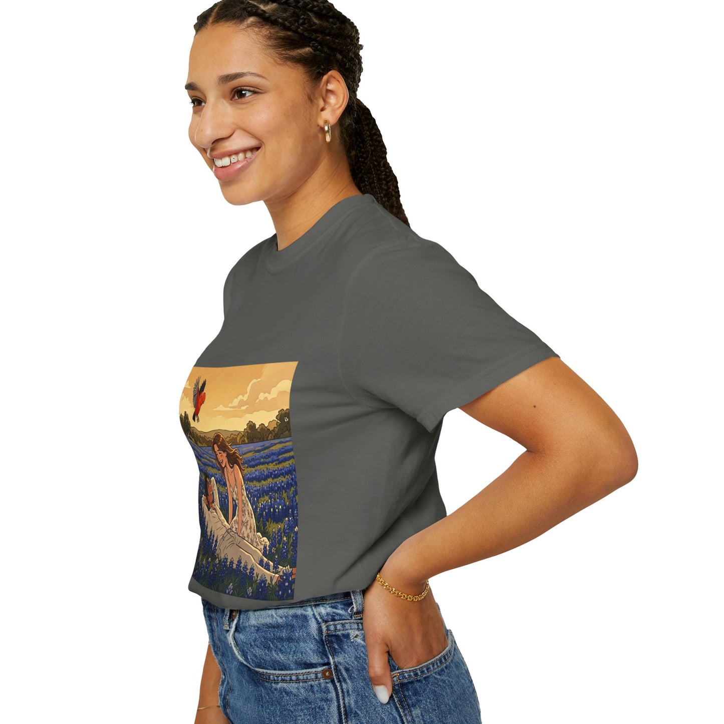 Romantic Bluebonnet Field T-Shirt — Couple in Wildflower Meadow Art Tee