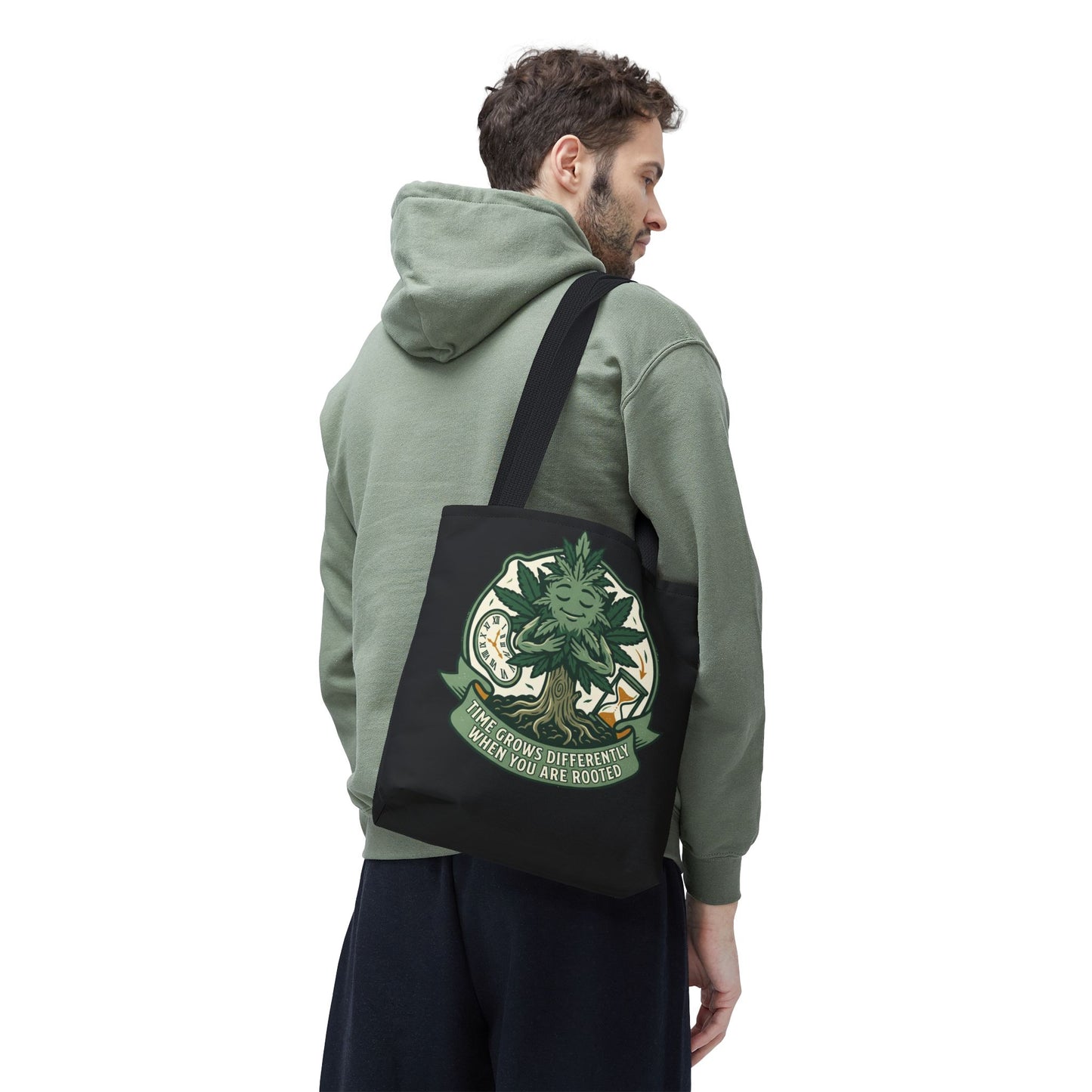 Rooted Tree Spirit Tote Bag — “Time Grows Different When You Are Rooted” Eco Tote