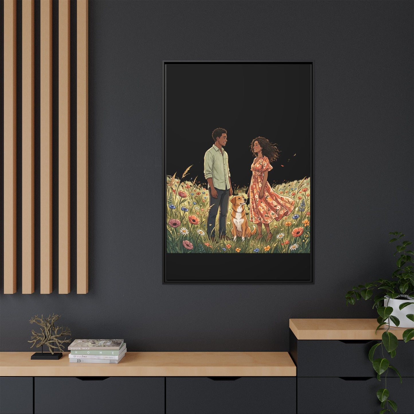 Framed Matte Canvas Print — Romantic Couple in Wildflower Field (Multi‑Color)