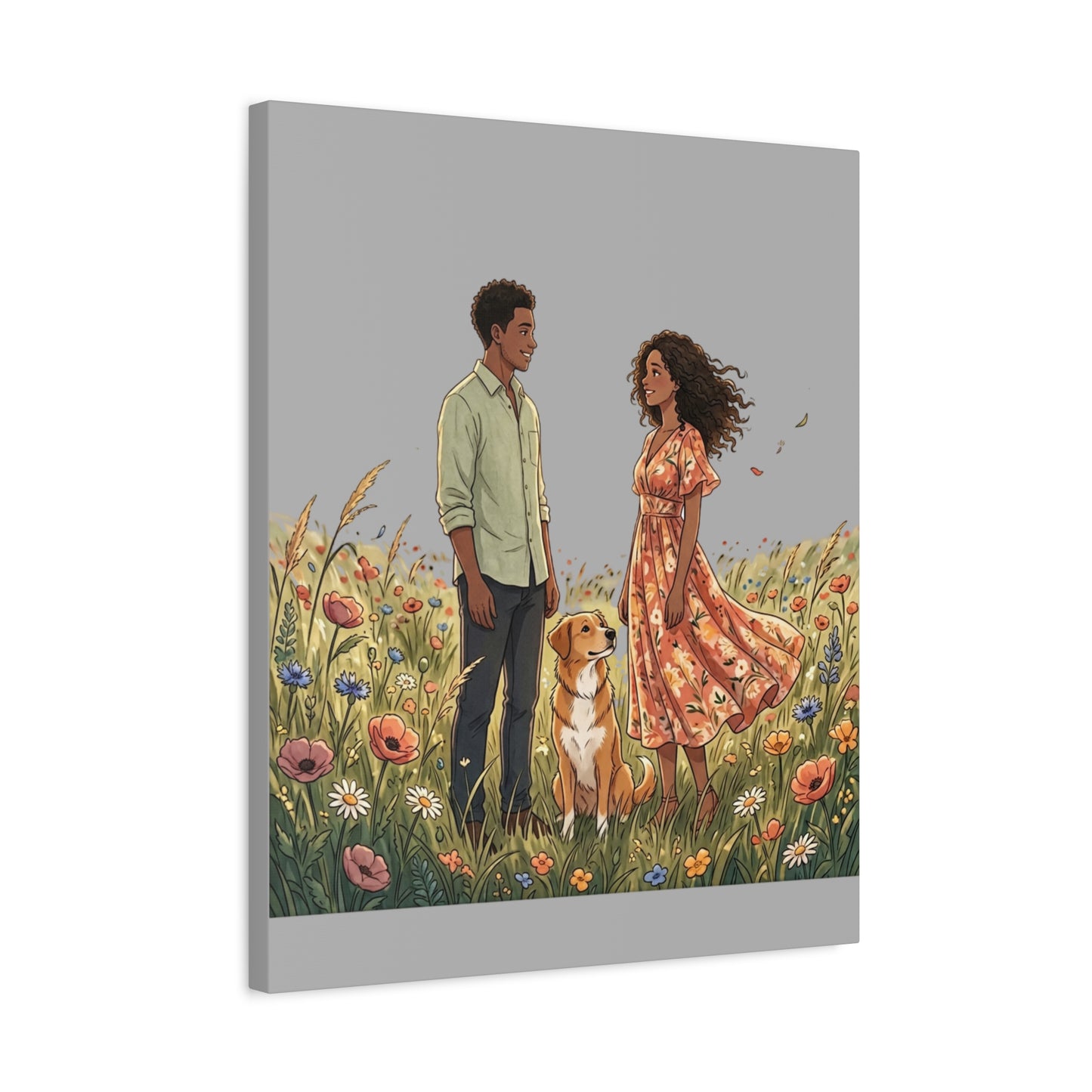 Romantic Couple in Wildflower Field Canvas Art — Black Love Wall Decor with Dog