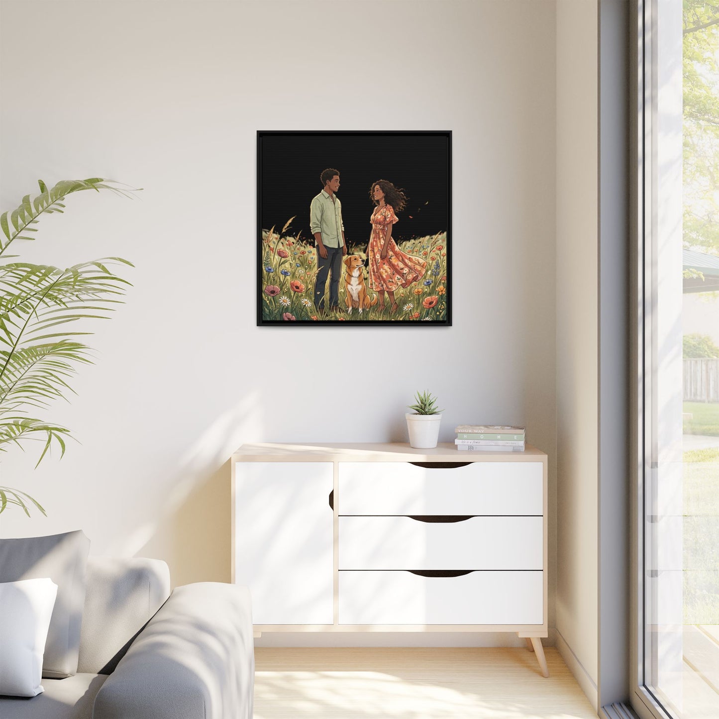 Framed Matte Canvas Print — Romantic Couple in Wildflower Field (Multi‑Color)