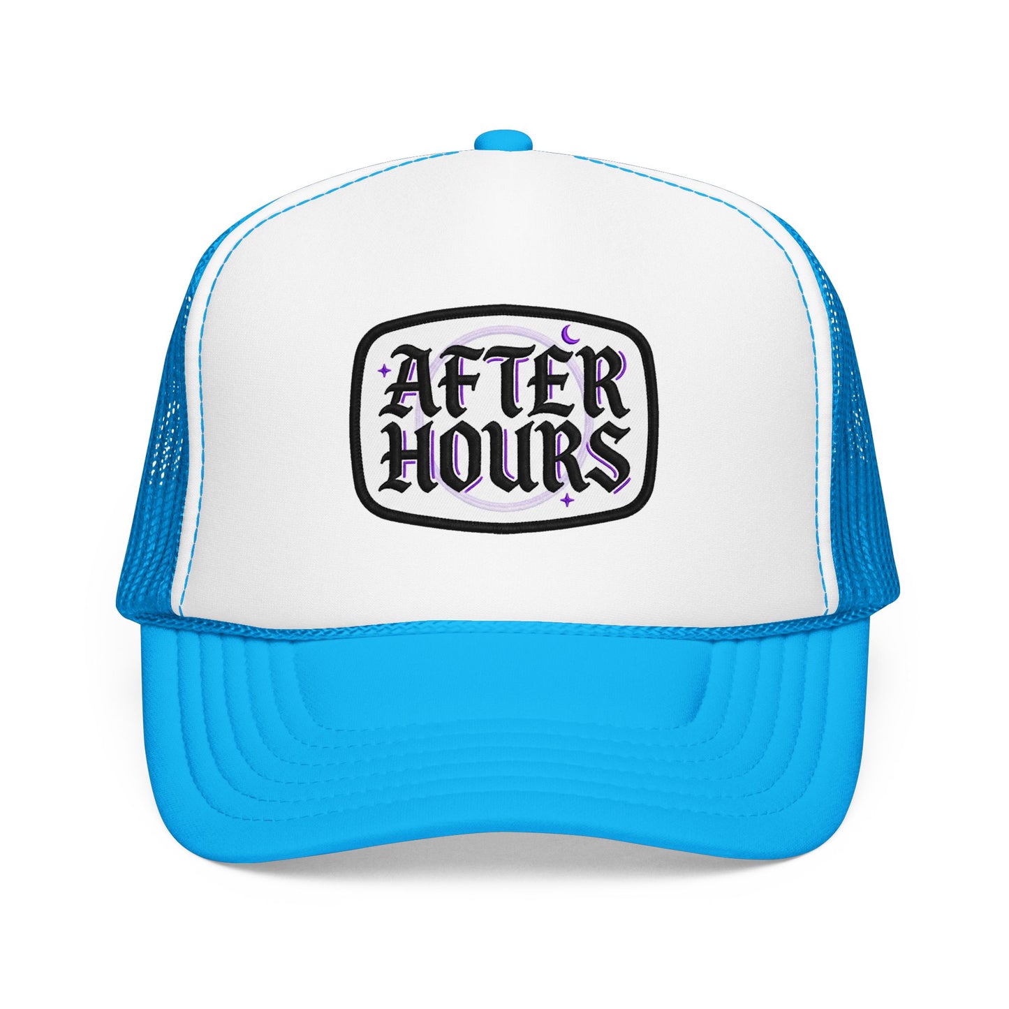 After Hours Foam Trucker Hat – Retro Gothic Embroidered Patch Cap