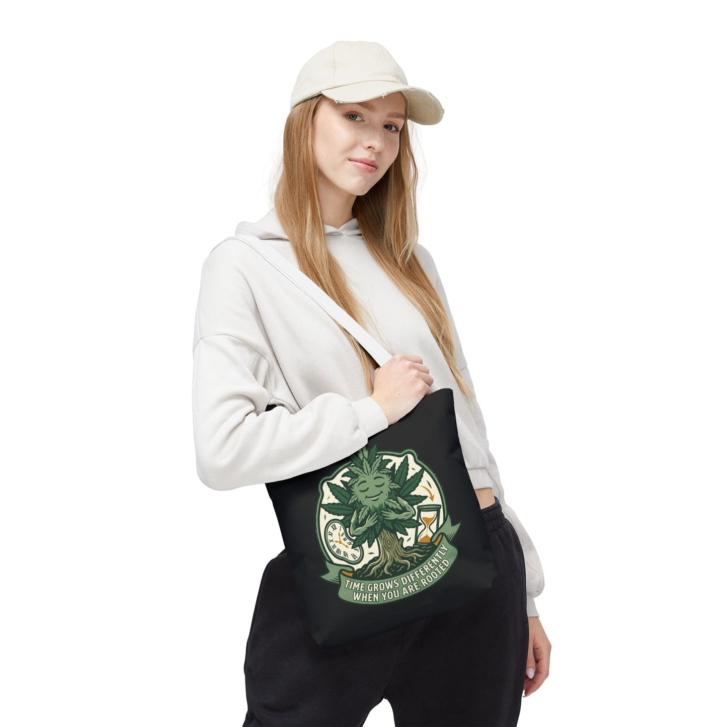 Rooted Tree Spirit Tote Bag — “Time Grows Different When You Are Rooted” Eco Tote