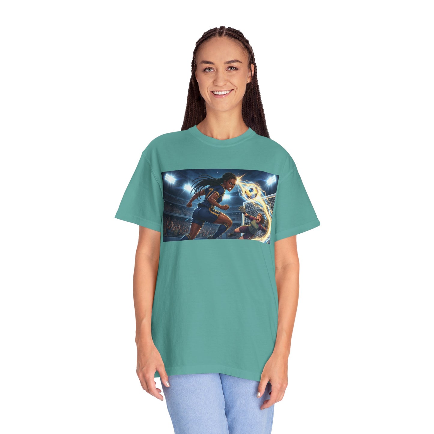 Soccer Duel Graphic T-Shirt — Futuristic Goalkeeper vs Striker Stadium Print