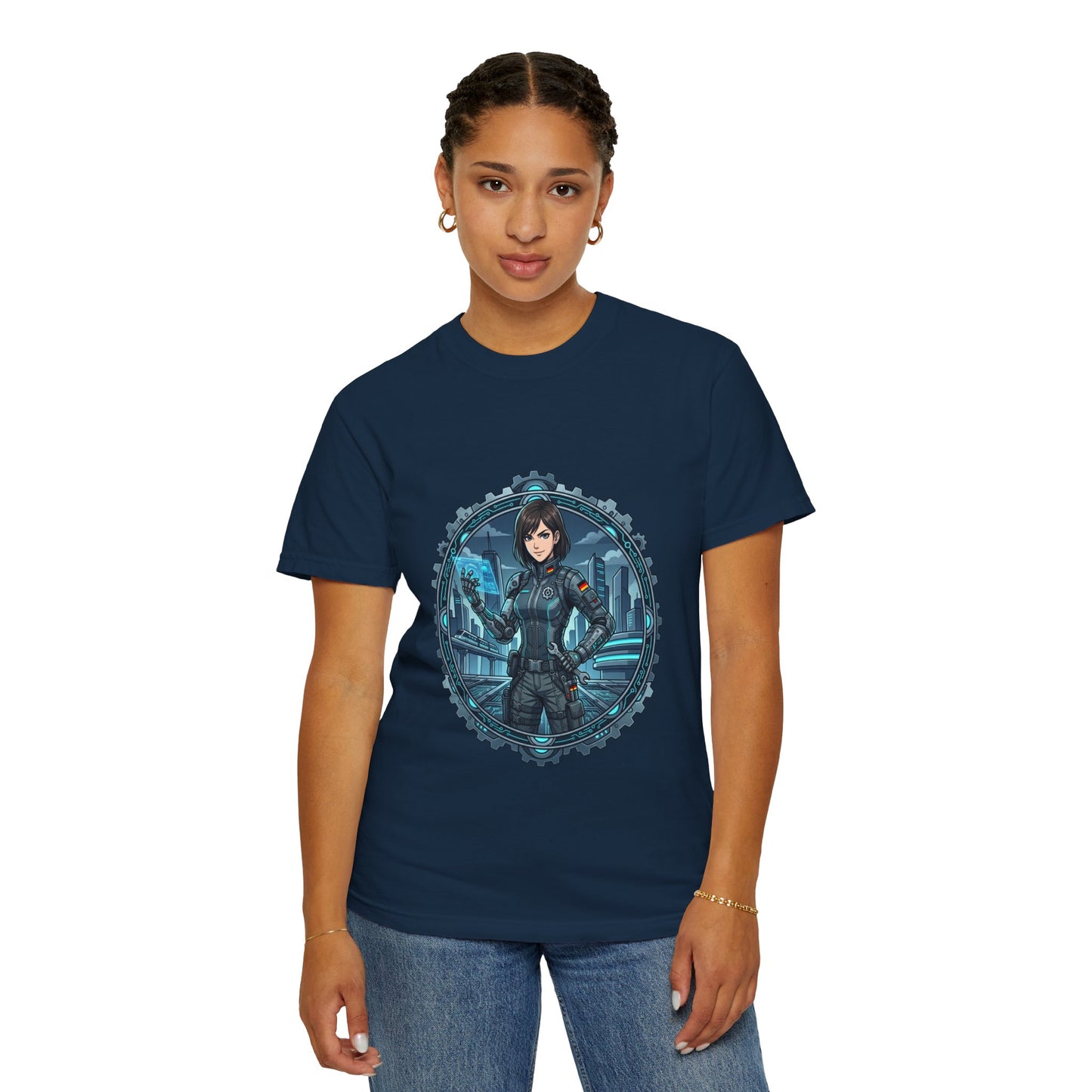 Cyber Ninja Graphic T-Shirt — Futuristic Female Warrior Illustration