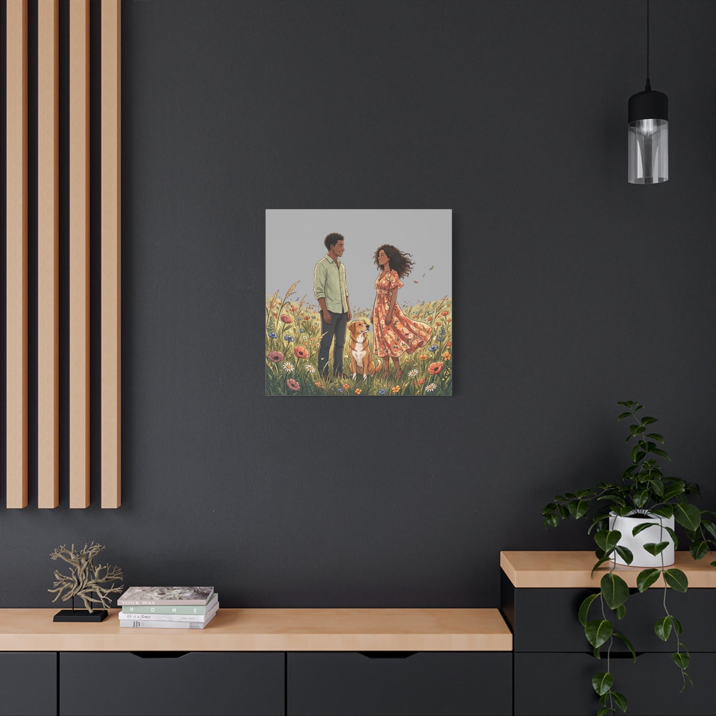 Romantic Couple in Wildflower Field Canvas Art — Black Love Wall Decor with Dog