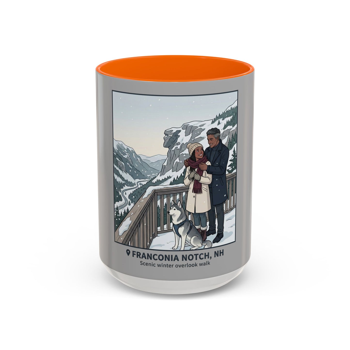 Franconia Notch Scenic Winter Mug — Couples & Dog Snowy Overlook Coffee Cup (11/15oz)
