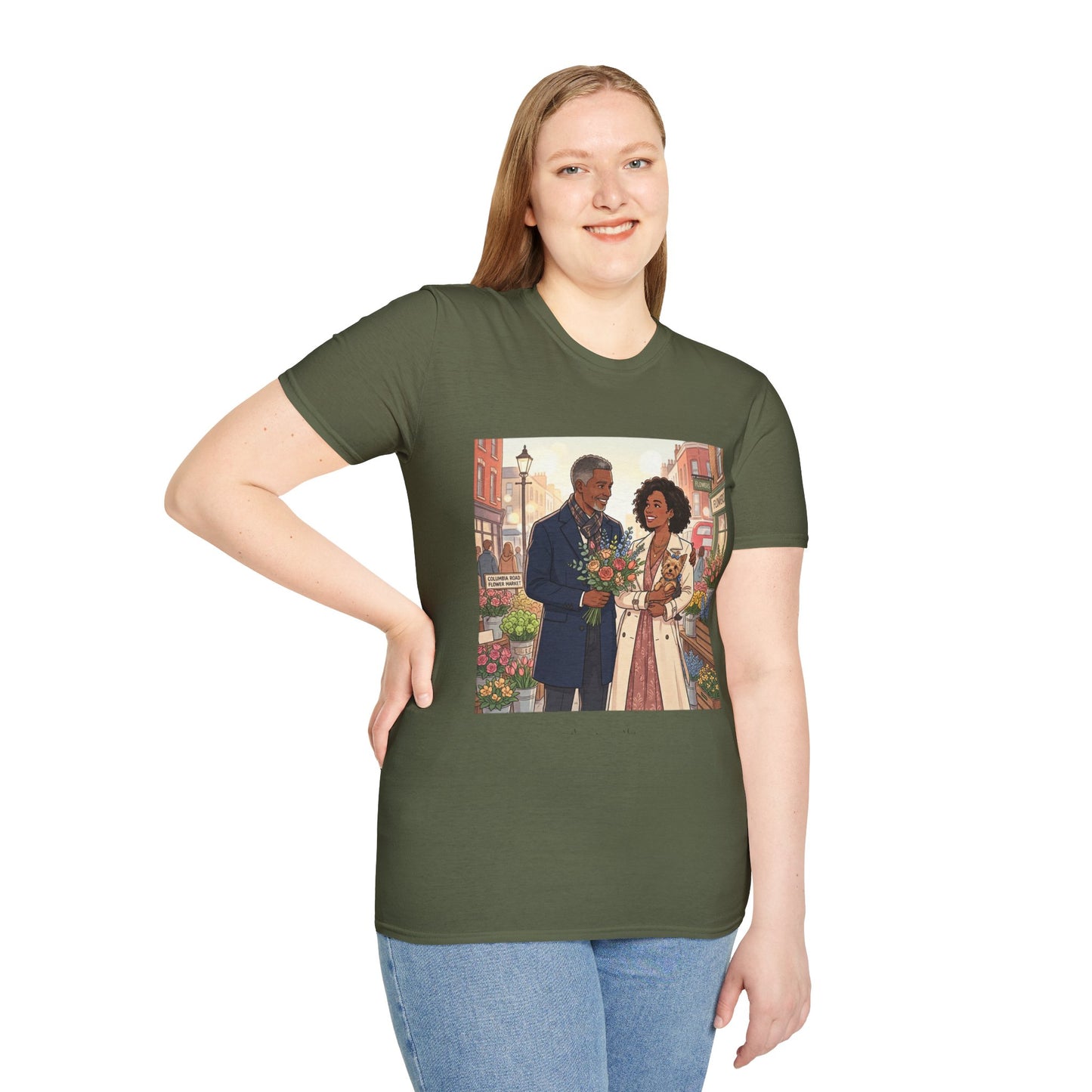 Romantic City Stroll T-Shirt — Couple Bouquet Illustration