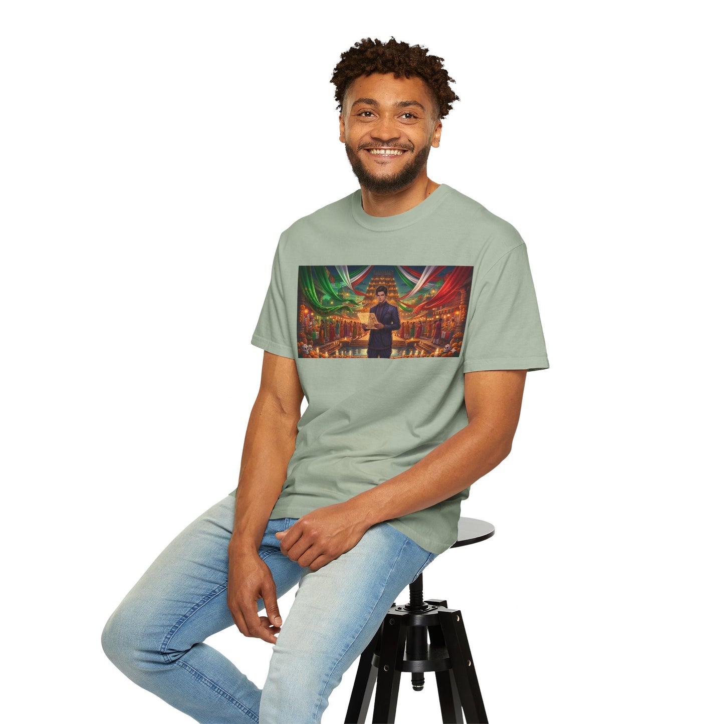 T-Shirt — Dragon Temple Night Scene Graphic Tee (Monk with Dragons)