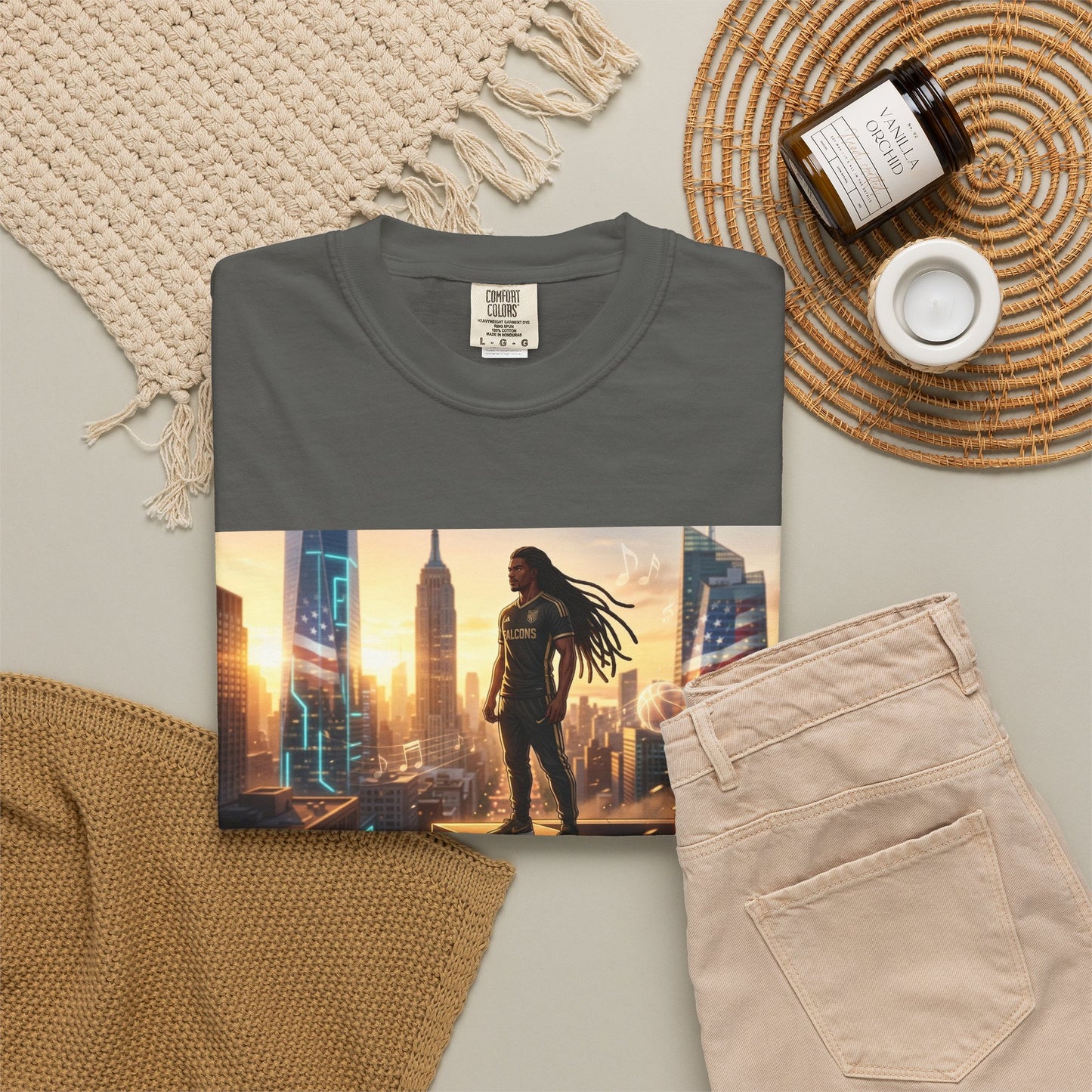 Cyberpunk Cityscape T-Shirt — Silhouette Hero at Sunset