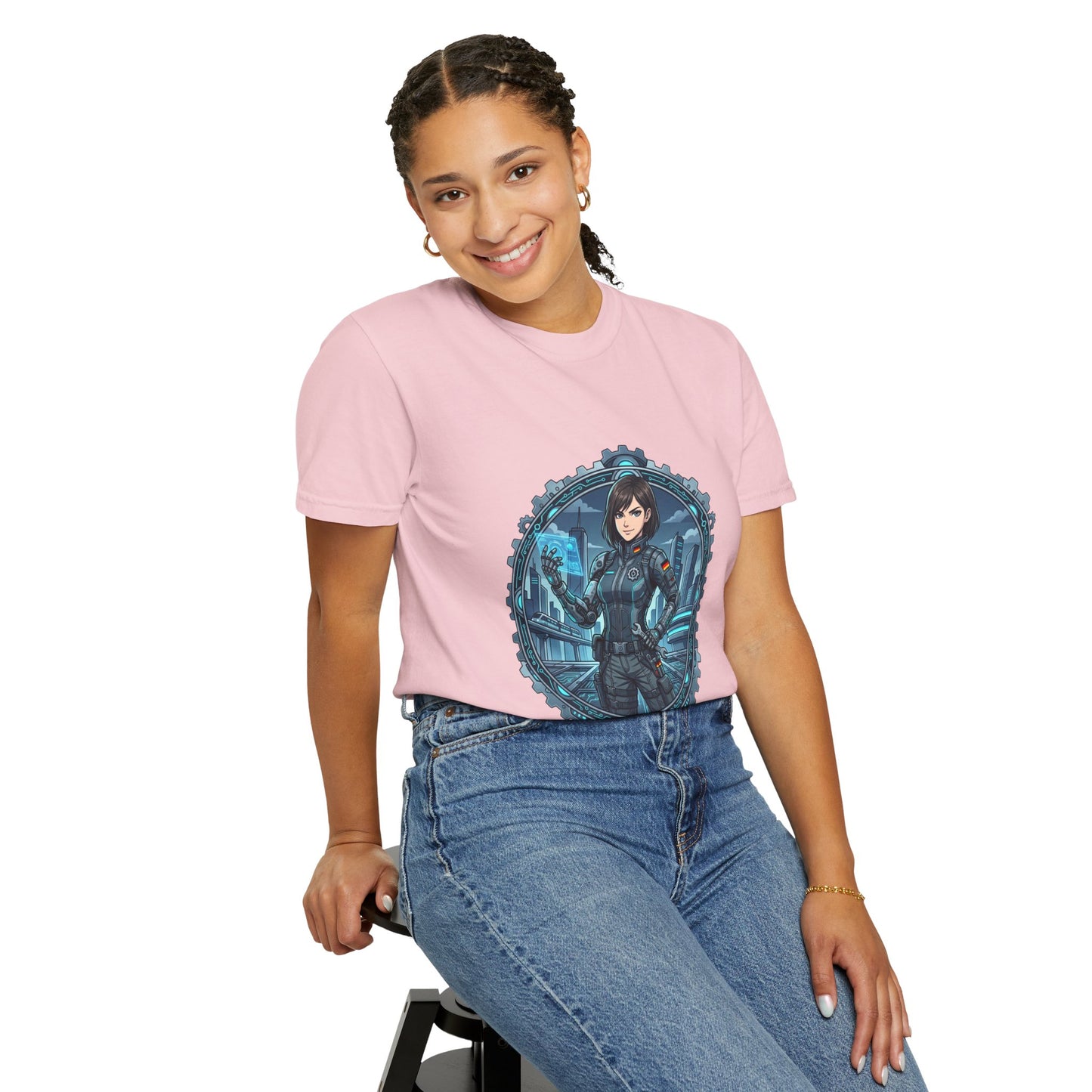 Cyber Ninja Graphic T-Shirt — Futuristic Female Warrior Illustration