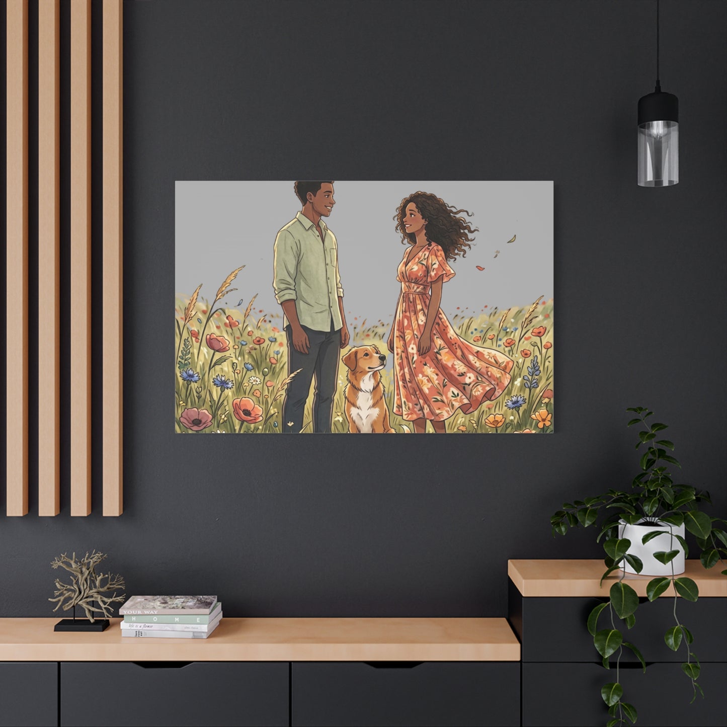 Romantic Couple in Wildflower Field Canvas Art — Black Love Wall Decor with Dog