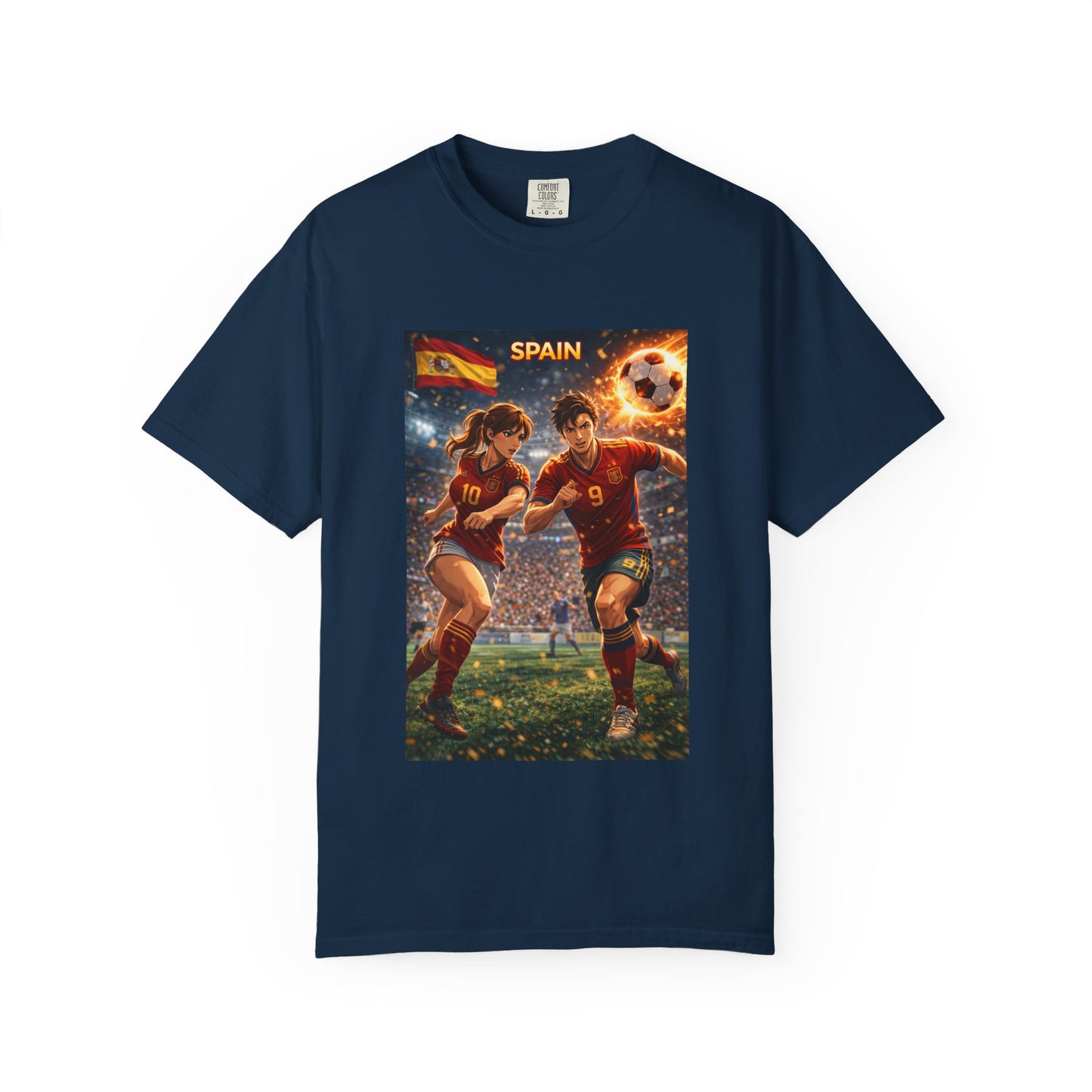 Spain Soccer Graphic T-Shirt — Retro Match Scene with Flag