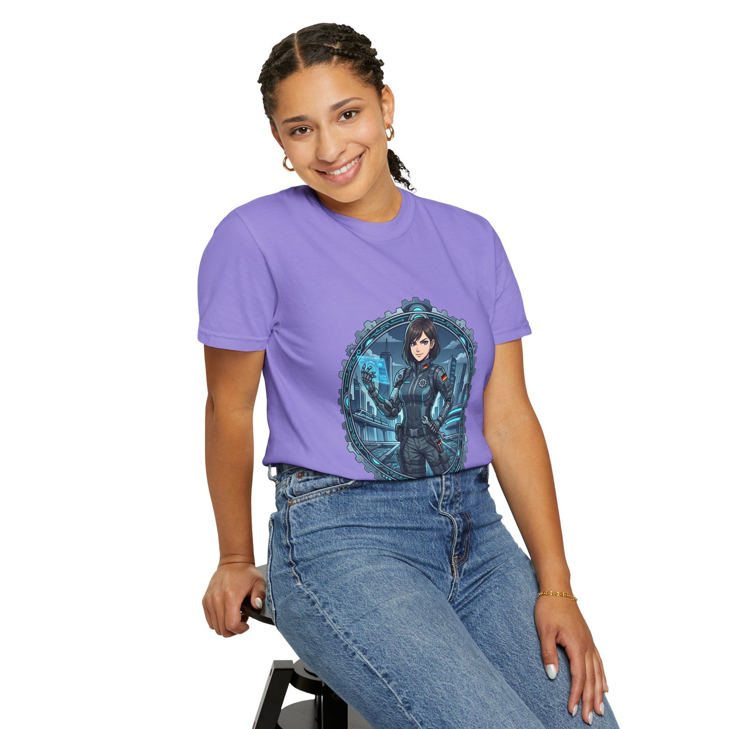 Cyber Ninja Graphic T-Shirt — Futuristic Female Warrior Illustration