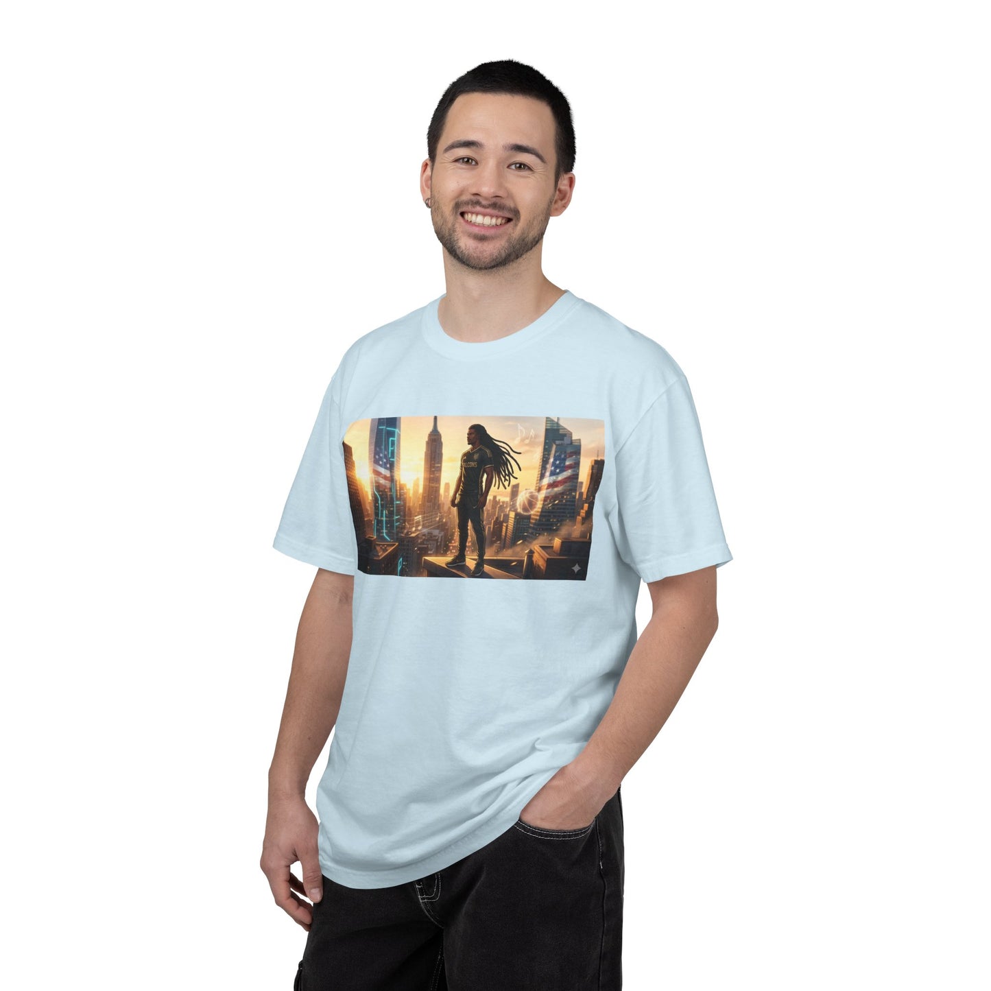 Cyberpunk Cityscape T-Shirt — Silhouette Hero at Sunset