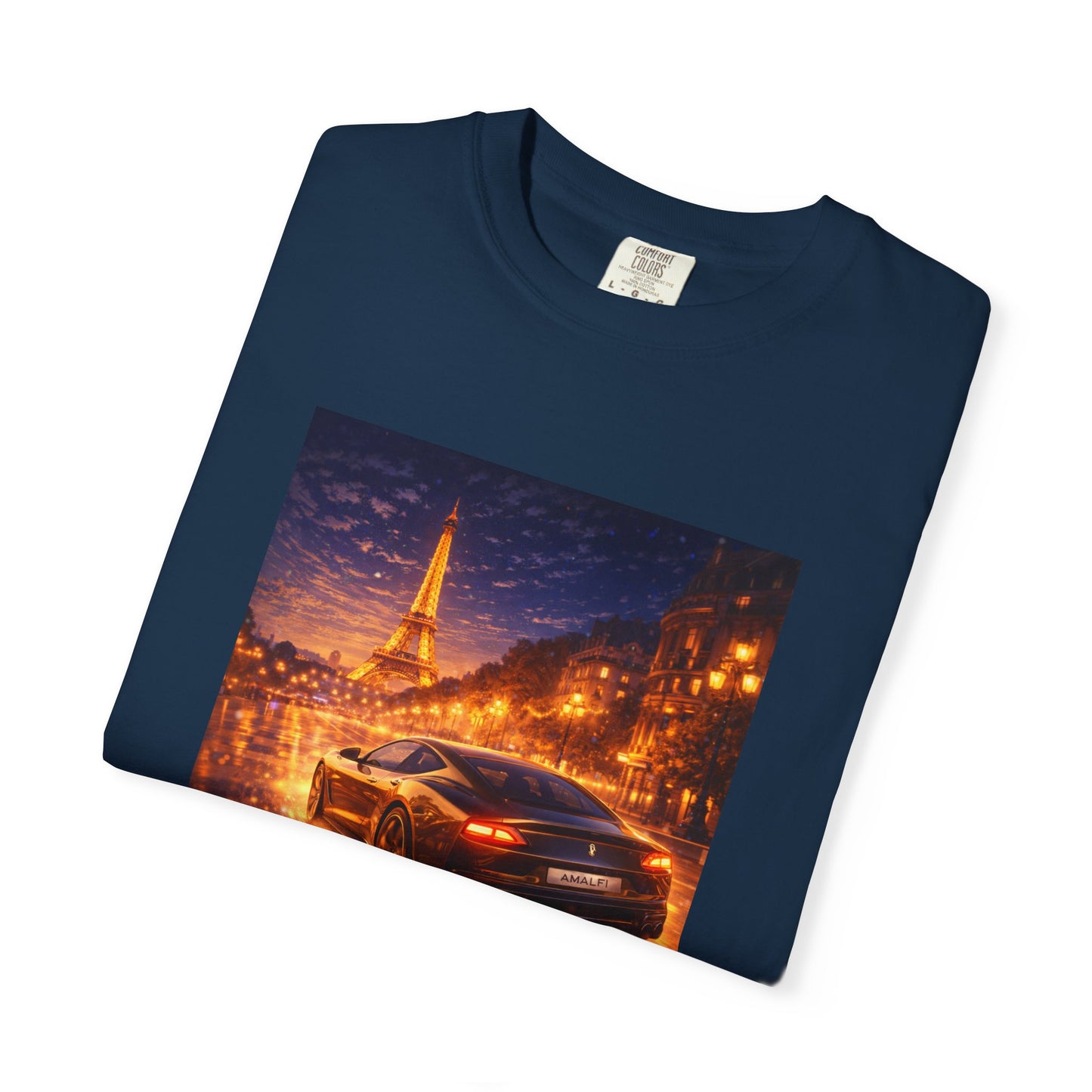 Paris Night Drive T-Shirt — Sports Car in Rainy Cityscape