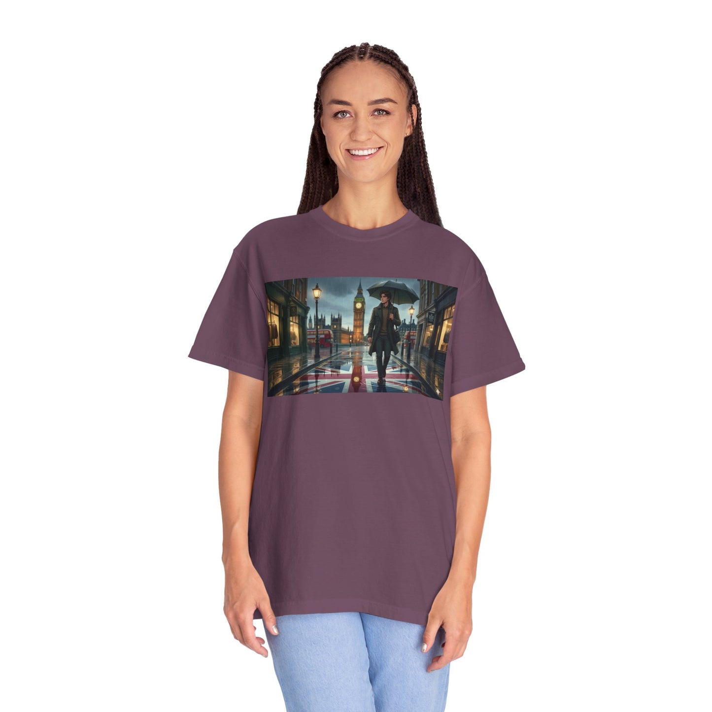 T-Shirt — Rainy London Street Scene Graphic Tee (Big Ben, Umbrella, Night Cityscape)