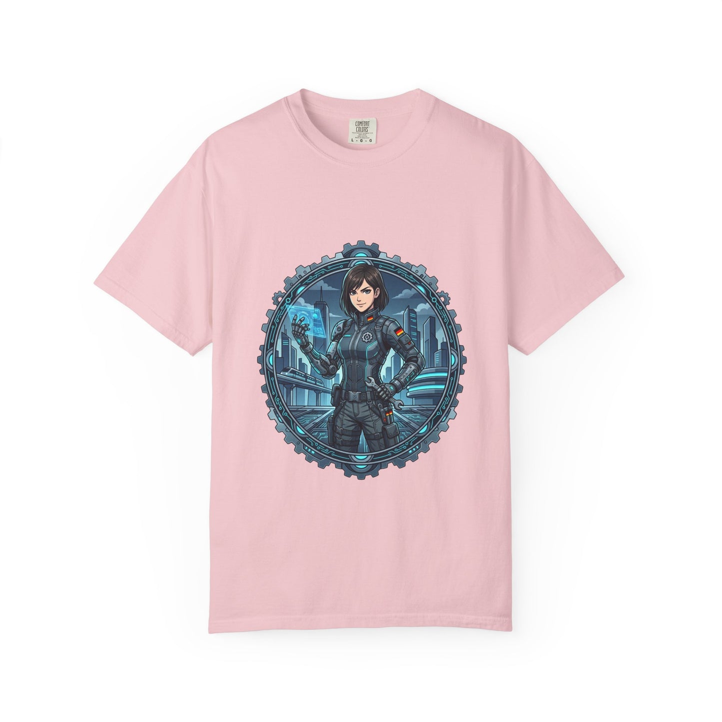 Cyber Ninja Graphic T-Shirt — Futuristic Female Warrior Illustration