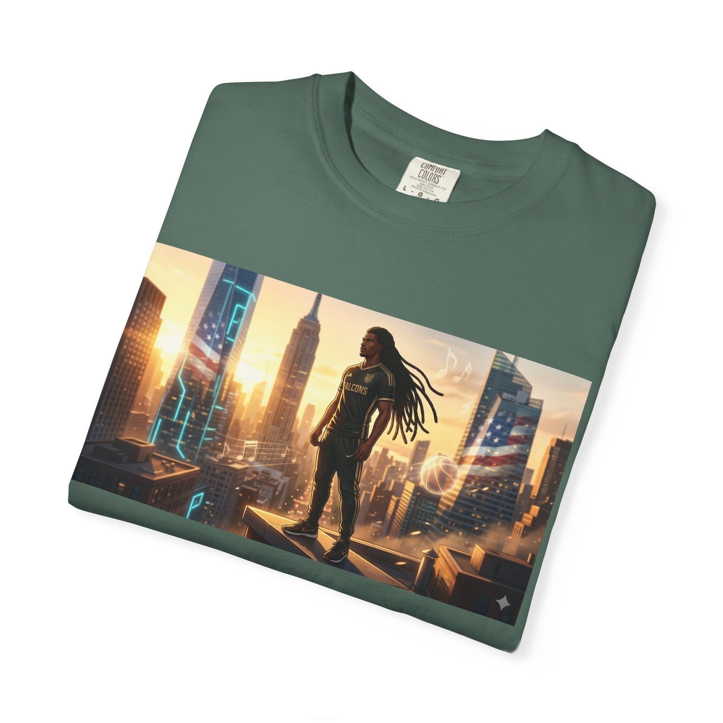 Cyberpunk Cityscape T-Shirt — Silhouette Hero at Sunset