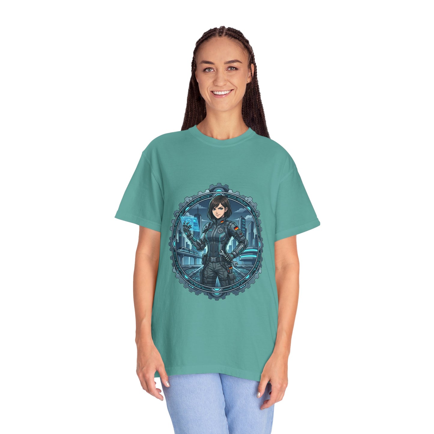Cyber Ninja Graphic T-Shirt — Futuristic Female Warrior Illustration