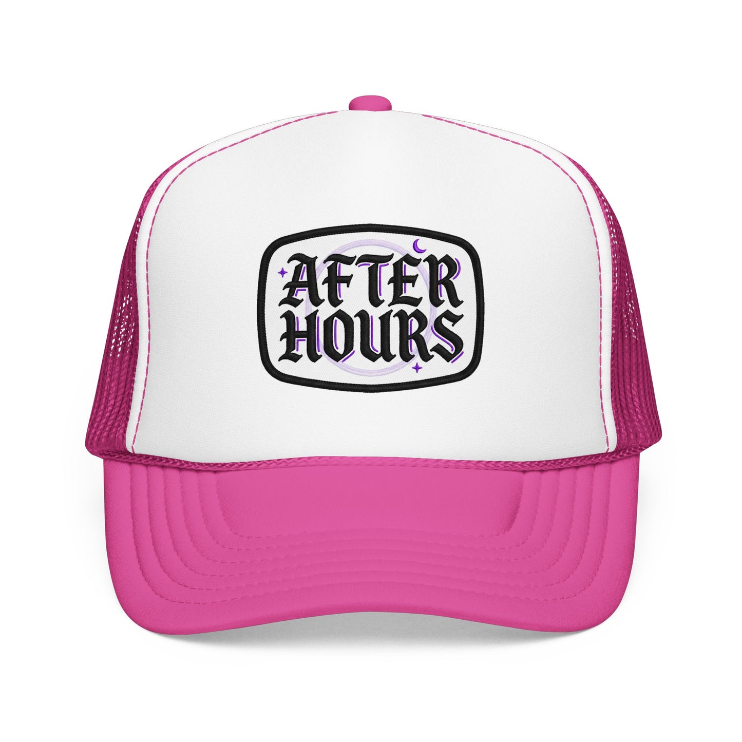 After Hours Foam Trucker Hat – Retro Gothic Embroidered Patch Cap