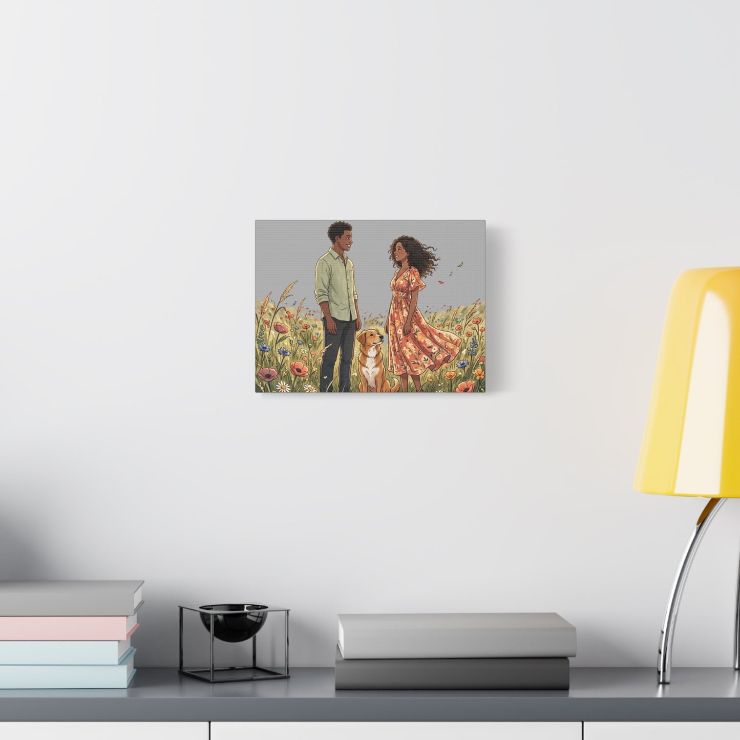 Romantic Couple in Wildflower Field Canvas Art — Black Love Wall Decor with Dog